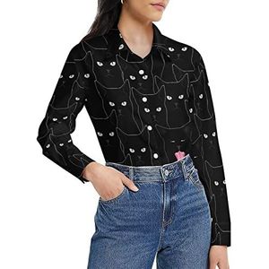 Zwarte kat damesshirt lange mouwen button down blouse casual werk shirts tops S