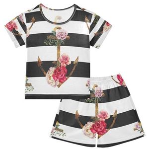 YOUJUNER Kinderpyjama set bloemen nautisch anker korte mouw T-shirt zomer nachtkleding pyjama lounge wear nachtkleding voor jongens meisjes kinderen, Meerkleurig, 8 jaar