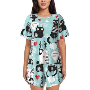 YQxwJL Zwart-wit Katten Print Vrouwen Pyjama Sets Shorts Korte Mouw Lounge Sets Nachtkleding Casual Pjs Met Zakken, Zwart, L