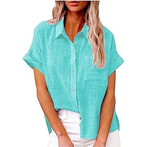 Dames casual shirts zomer korte mouw button down blouses vakantie strand basic kraag tops plus maat S 5XL verkoop, mode dames tops UK, Lichtblauw, XL