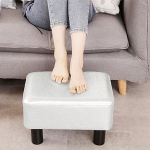 Kleine PU-lederen voetenbank, voetsteun, voetenbank, poef, gewatteerde rechthoekige stoel met houten poten (grijs) (Color : Greywhite, Size : One Size)
