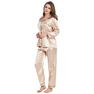 Vrouwen Zijden Pyjama Set Lange Mouw Dames Satijn PJ Sets Button-Down Pyjama Nachtkleding Loungewear S ~ XL Champagne, Champagne, L