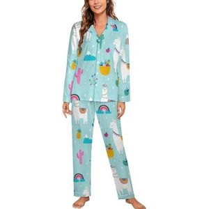 Llama Alpaca Cactus Vrouwen Lange Mouw Button Down Nachtkleding Zachte Nachtkleding Lounge Pyjama Set XL