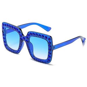XKUN Zonnebril man Crystal Square Diamond Zonnebril Vrouwen Oversized Strass Zonnebril Vrouwelijke Spiegel Paars Blauw Tinten Brillen-Blauw Blauw