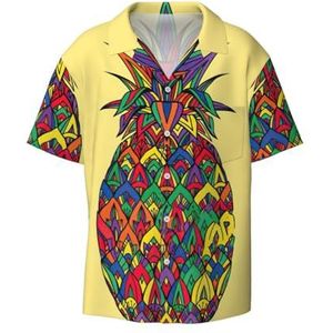 TyEdee Regenboog Ananas Print Heren Korte Mouw Jurk Shirts met Zak Casual Button Down Shirts Business Shirt, Zwart, M