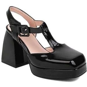 Mary Jane T-Strap Strap Chunky Block Heel Gesloten Vierkante Teen Kantoor Jurk Feestschoenen, Zwart, 40 EU