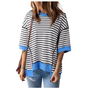 Oversized gestreept overhemd for dames, gestreept kleurclash-ontwerp met drop-shoulder trui en korte mouw tops for dames (Color : Black, Size : L)