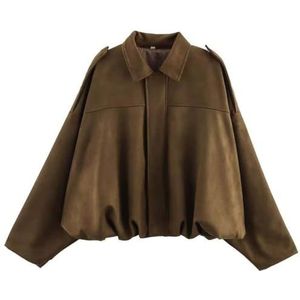 RVUEM Faux Suede Jacket, Women Oversized Long Sleeve, Casual Lapel Pilot Cropped Coat, Oversized Motorcycle Jackets, for Spring Autumn,Maroon,L