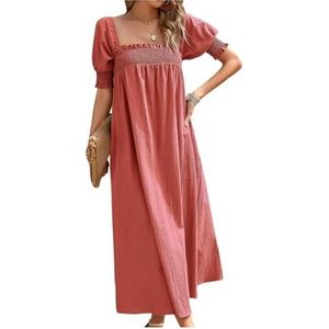 CHOYES Maxi zomerjurk met korte mouwen voor dames, vierkante hals, pulloverjurk, losse vloeiende zoom, boho-jurk, strand, dagelijkse kleding, roze, S