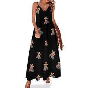 Luiaard en cactus zomerjurk voor dames, maxi-jurk, V-hals, mouwloos, spaghettibandjes, lange jurk