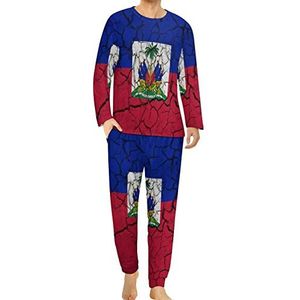 Vintage Haïti vlag comfortabele heren pyjama set ronde hals lange mouw loungewear met zakken S