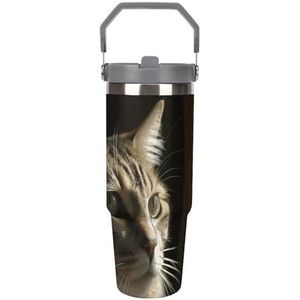 FHECVBN Grote Capaciteit Auto Cup Koffie Tumbler Tabby Kat Koffie Mok Flip Stro Tumbler RVS Cup Geïsoleerde Tumbler Travel Mok 30oz