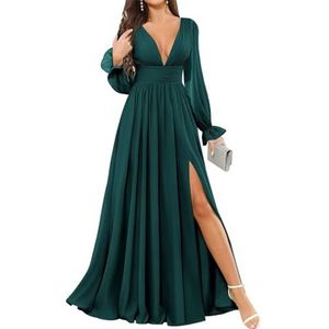 KURFACE Dames chiffon bruidsmeisje jurken lange mouw diepe V-hals Maid of Honor herfst formele avond feest jurken, Turkoois, 32