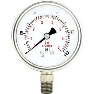 2 inch manometer, roestvrijstalen behuizing, met vloeistof gevuld, onderste houder, 100 psi