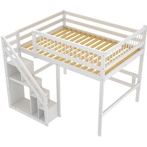 BXEYXE Massief houten bed 140 x 200, trap met opbergkast, hoge leuning, kinderbed, jeugdbed, massief houten bedframe, wit