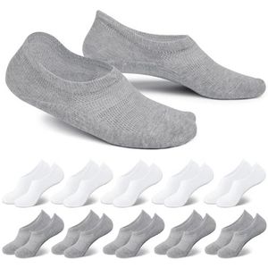 EKSHER 10 paar No Show sneakersokken, onzichtbare sokken voor dames en heren, korte katoenen voetjes, antislip, ademend, 5 x wit + 5 x grijs, 47/50 EU