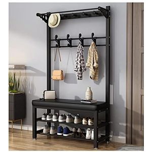 LHHL - Kapstok Staand - Zwart - Vrijstaande Hal - Schoenenrek met Zitje - 172 cm Hoog