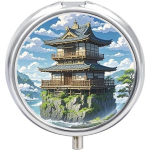 Japanse architectuur pillendoosje 3 compartimenten reisgeneeskunde pillenorganisator 3x per dag draagbare vitamine-organizer met spiegel kleine pillendoos voor portemonnee en zak, schattige dagelijkse