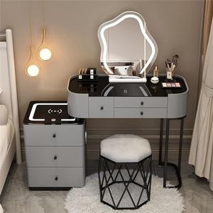EdNey Vanity Desk Set, met 3-kleuren dimbare verlichte spiegel, 5 laden, gewatteerde kruk, met draadloos oplaadstation en Bluetooth-luidspreker (kleur: grijs+zwarte kruk, maat: 80 cm)