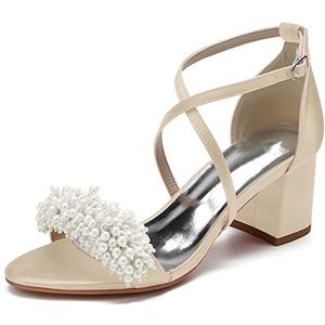 SYDZSW Dames Pumps Naald Hakken Teen Open Stain Party Bruid Bruiloft Schoenen met Parel 35-43, Champagne, 43 EU