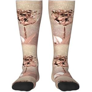 YsoLda Kousen Compressie Sokken Unisex Knie Hoge Sokken Sport Sokken 55CM Voor Reizen, Roze Rose Bloem Goud Koper Pailletten Sprankelend, zoals afgebeeld, 22 Plus Tall