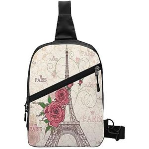 Sling Rugzak Borst Tas Grappige Stoute Schaap Tong Schattig Dier Anti Diefstal Crossbody Schoudertas Dagrugzak Outdoor Sport Reizen Wandelen voor Mannen Vrouwen, Eiffel Toren Rose Bloem, Chest package