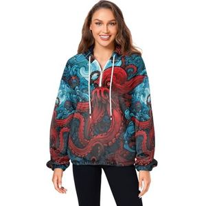 KAAVIYO Blauw Rood Octopus Enge Pluizige Jas Trui Hoodie Hooded Zakken Fuzzy Fleece Sweatshirt Ronde hals Truien Hoodies voor Meisjes Vrouwen, Patroon, M