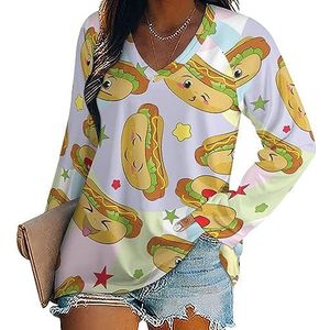 Hot Dogs Emoticons Casual T-shirts met lange mouwen voor dames V-hals bedrukte grafische blouses T-shirt tops L