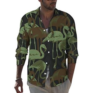 Militaire tropische flamingo heren revers shirt met lange mouwen button down print blouse zomer zak T-shirts tops 6XL