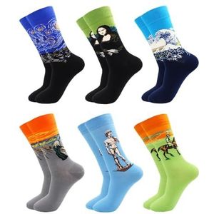 YIJIANUO 6 Paar Mode Casual Vrouwen En Mannen Sokken Art Van Gogh Streep Fruit Dier Luiaard Bier Grappige Sokken Jurk Katoenen Sokken, 6 paar -HWC13, EU39-46