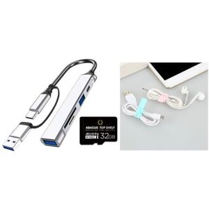 3&1 bundel bevat 5&1 USB-C, USB 2.0, USB 3.0, Micro-SD, standaard-SD docking station met aanvullende 32GB micro-SD-kaart en 4 EA siliconen datakabelbinders