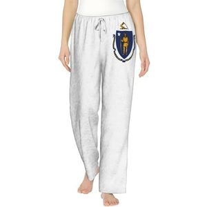 FMASWEQ Massachusetts staat vlag print kerst pyjama voor vrouwen, zachte fleece pyjamabroek, perfect om te loungen, Zwart, S