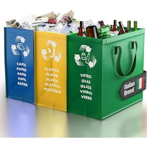 PTMS® Prullenbak 3 vakken - afvalscheidingssysteem voor papier, glas en plastic - milieuvriendelijke recycling organizerzakken gemaakt van zeer duurzame en herbruikbare materialen