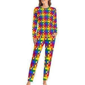 Kleuren LGBT Regenboog Vlag Zachte Dames Pyjama Lange Mouw Warm Fit Pyjama Loungewear Sets met Zakken 2XL