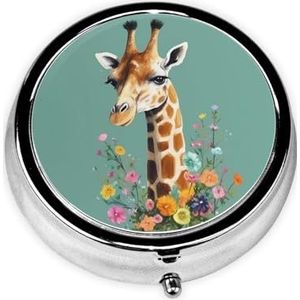 Pillendoosje Reizen Pillendoos met 3 Compartimenten Kleine Pillenetui voor Portemonnee & Pocket Draagbare Geneeskunde Organizer Giraf met Bloemen Leuke Ronde Pillencontainer voor Vitaminen Medicatie