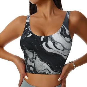 ZXERTG Zwart wit marmeren print atletische tanktops, hoge ondersteuning, ideaal voor high-impact workouts, yoga en hardlopen, Zwart, S