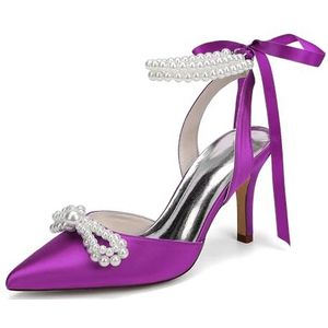KYEGLO Satijnen Afstudeerschoenen Voor Dames Met Parelstrik, Puntige Neus, Hoge Hak En Parelriempje Om De Enkel, Perfect Voor Bruiloften En Schoolfeesten,Purper,36