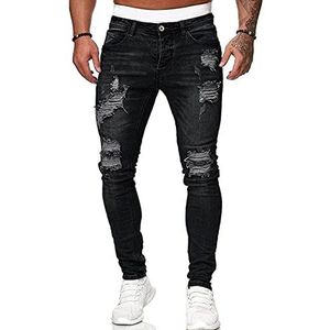 Ripped Jeans Men Destroyed Slim Fit Jeans Rekbare Spijkerbroek Taps Toelopende Pijpen Met Gaten (Color : Noir, Size : L)