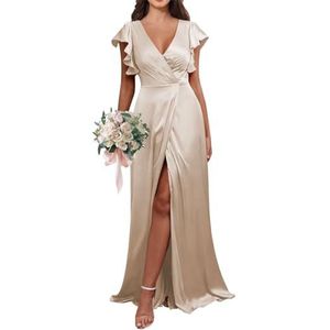 HPPEE Flutter Mouw V-hals Satijn Bruidsmeisjesjurken voor Vrouwen A-lijn Strand Bruiloft Gast Jurk Formele Jurk, Champagne, 32