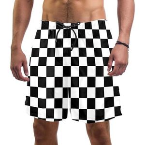 PAFEFO Zwart-wit geruit boardshorts voor heren, sneldrogend, strandzwempakken met zakken, Zwart-wit Checker, L