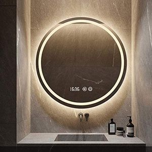 L&ED Ronde spiegel met achtergrondverlichting, wandgemonteerde LED-verlichte badkamerspiegel, touch knop + anti-fog + tijd/temperatuur, moderne cosmetische spiegel