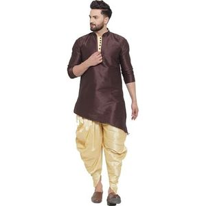Lakkar Haveli Mannen Pakistaanse traditionele bruine shirt Kurta Trail Cut bruiloft partij dragen grote lange crème Dhoti broek set zijde, Bruin, 8X-Large Big Tall