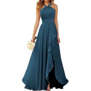 Halter Prinses Bruidsmeisjes Jurken Geplooide Galajurken Ruche Chiffon Split Formele Avond Party Gown ZM212, Pauw, 32