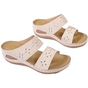 Zomer Slippers Orthopedische Sandalen Dames Retro Sleehak Platform Slippers 2024 Nieuwe Bloem Holle Slippers PU Leer Peep Toe Slippers Vrijetijdsstrandschoenen(Beige,43 EU)