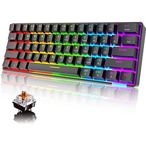 60% Mechanisch toetsenbord Bedraad / draadloos Bluetooth 5.0 Dual-mode toetsenbord 61-toetsen RGB Rainbow LED Backlit USB Type-C Waterdicht gamingtoetsenbord Anti-ghosting-toetsen voor gamers en typisten (bruine schakelaar)
