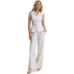 Dames zomer 2-delige outfits mouwloos casual knoop V-hals top lange broek pak set, Wit, S