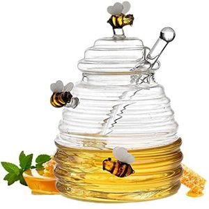 Honingpot, honingpot, honingdispenser, honingglas, honingpot met honingcontainer, honinglepel, honingdispenser met pollepel, transparant honingglas, unieke honingpot in bijenkorfvorm, 14 x 8 cm