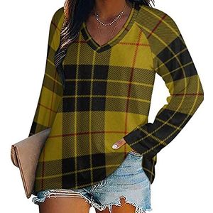 Geel Zwart Tartan Vrouwen Lange Mouw V-hals T-shirts Herfst Tops Trui Tuniek Tee voor Leggings