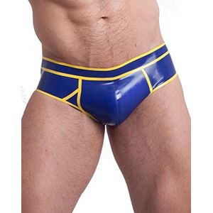 Handgemaakte heren latex slip blauw met gele rand rubberen onderbroek