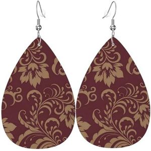 Lederen oorbellen, vrouwen faux lederen traan bengelen oorbellen metallic druppel oorbellen, bordeaux antiek kastanjebruin goud bloemen, Eén maat, Pu Kunstleer